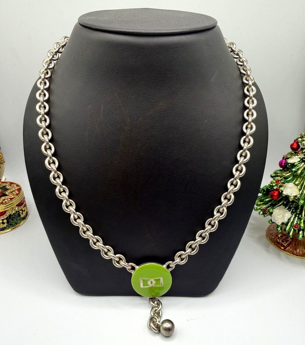 Doncaster Silver Tone Chunky Chain Green Enamel Statement Necklace Costume